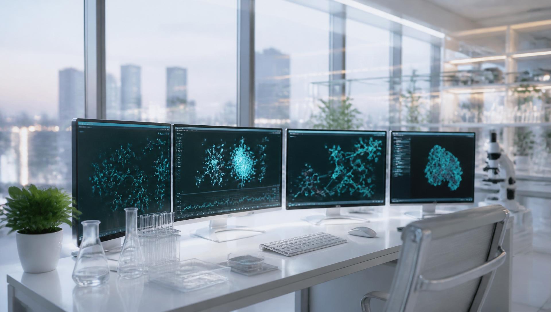 Multi-screen biomedical intelligence workstation displaying molecular and metabolic data visualizations