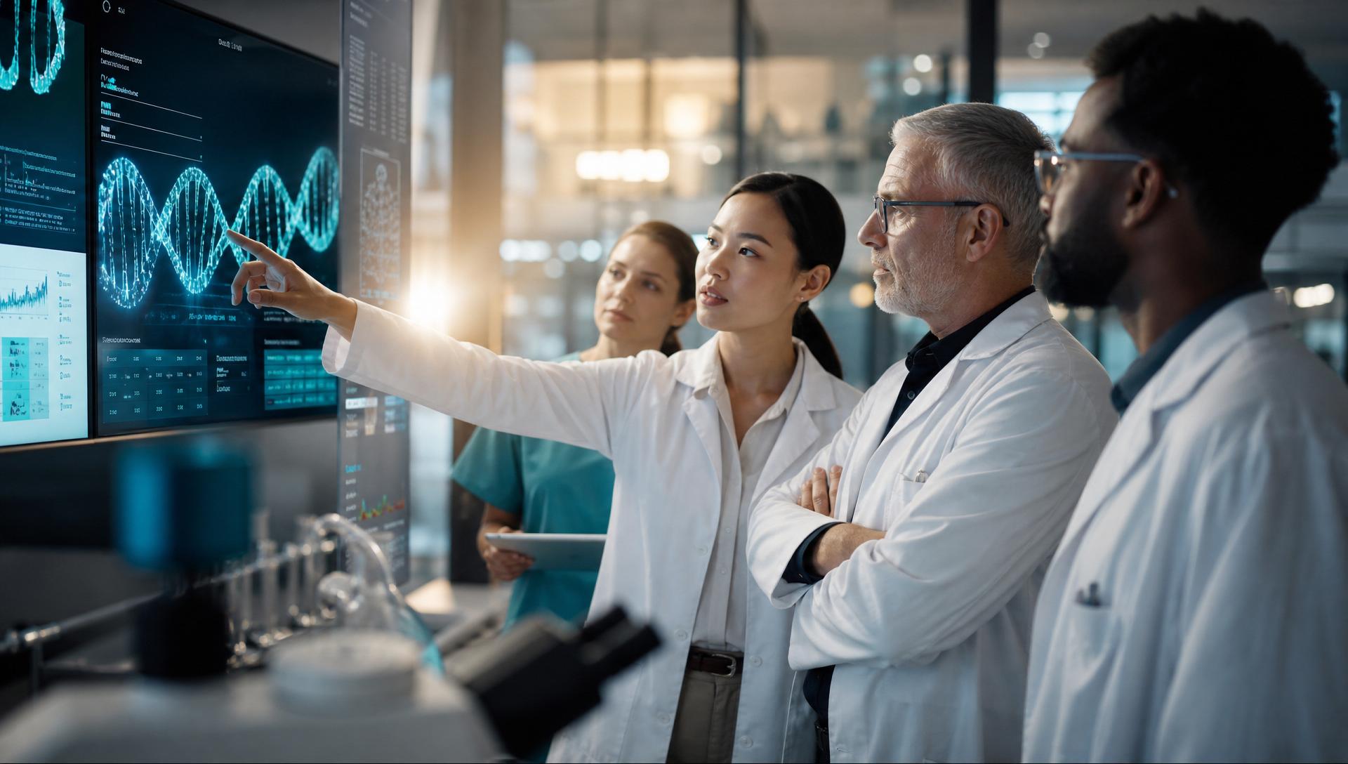 Scientists and clinicians reviewing biomarker data together in a modern laboratory