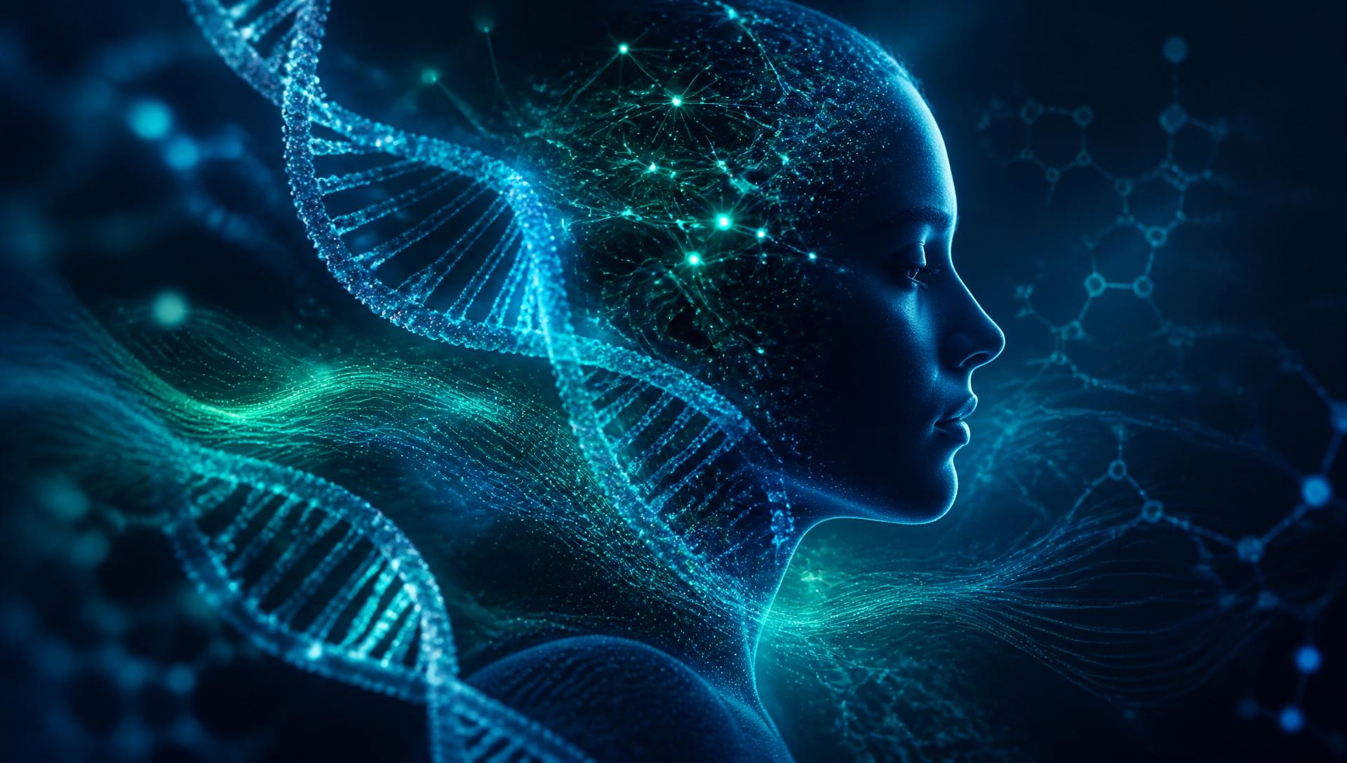 Abstract visualization of DNA, neural networks and molecular data representing Ki Intelligence