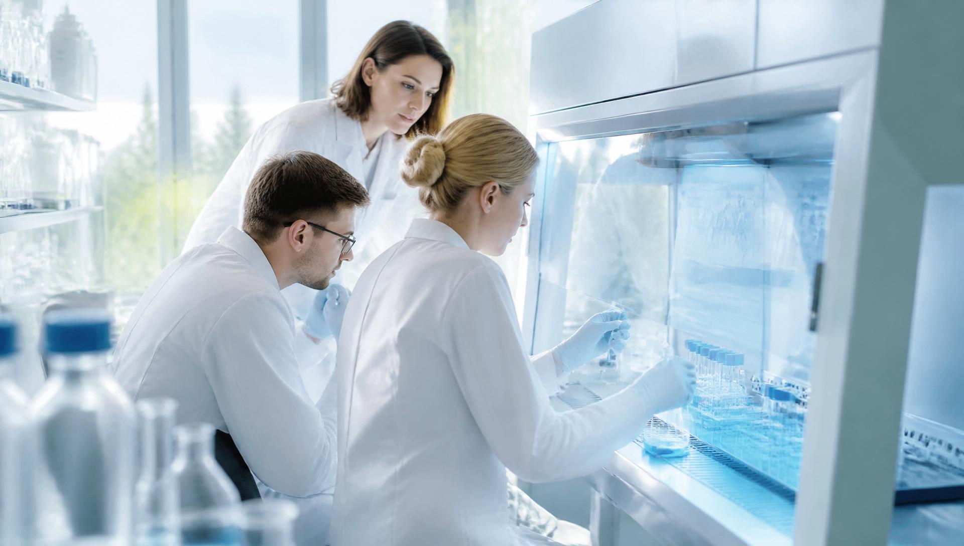 Bright European clinical research laboratory with scientists reviewing samples