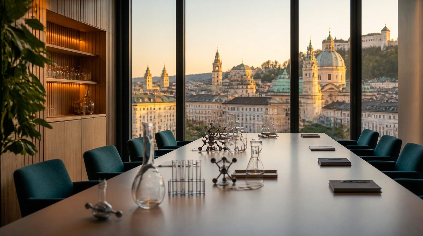 European partnership meeting space overlooking a historic city skyline in warm daylight