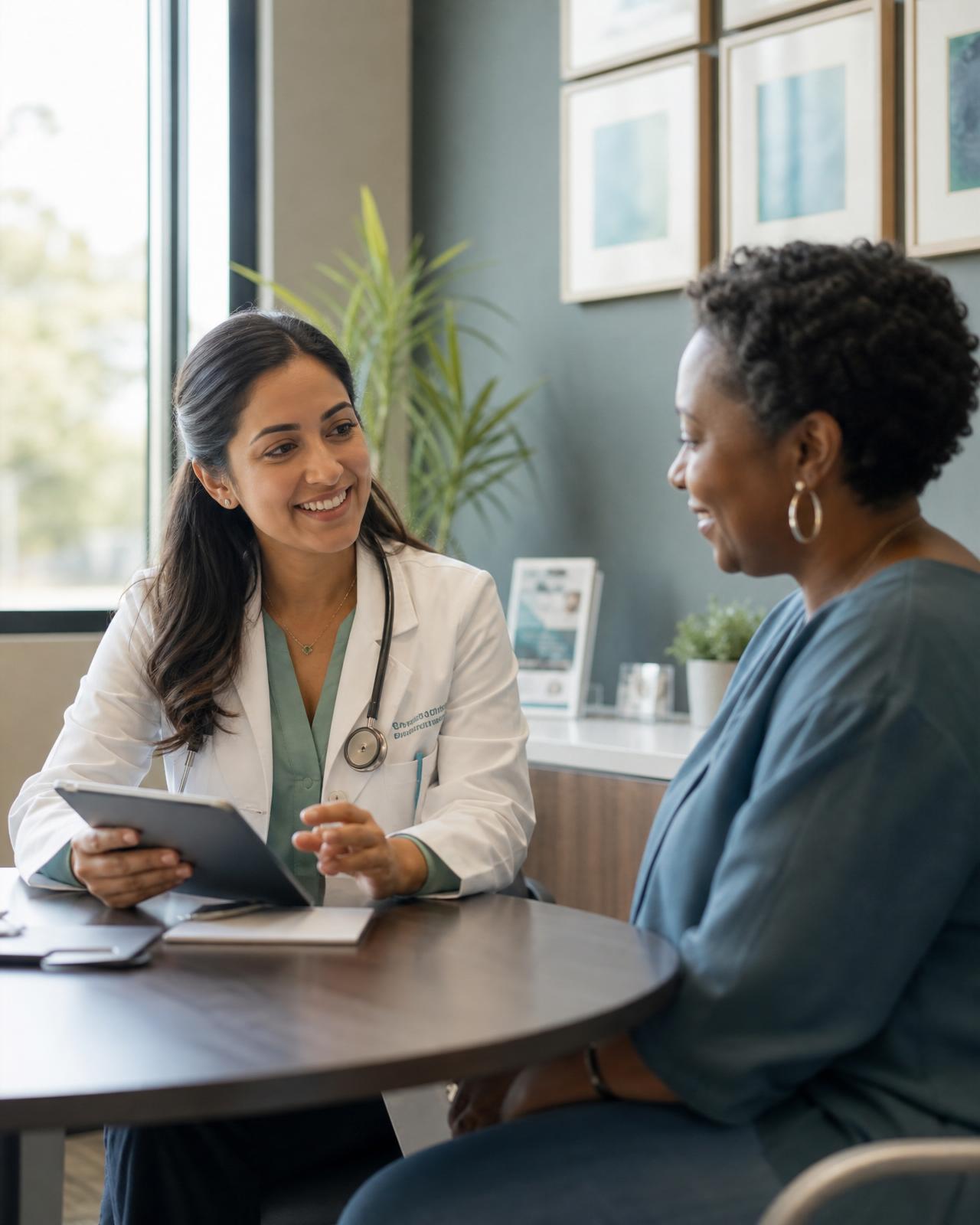 Clinician and patient discussing preventative health in a modern consultation room