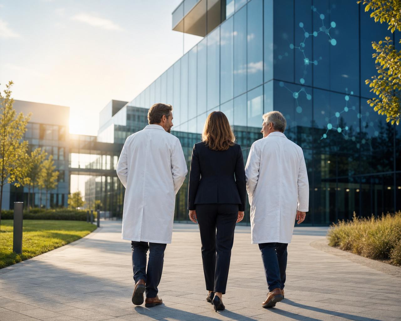 Scientists and healthcare leaders walking toward a light-filled European biotechnology research building