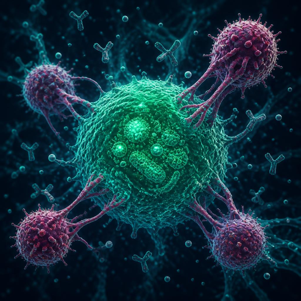Cytotoxic T-cells attacking a pancreatic beta cell with autoantibodies and cytokines in the surrounding plasma