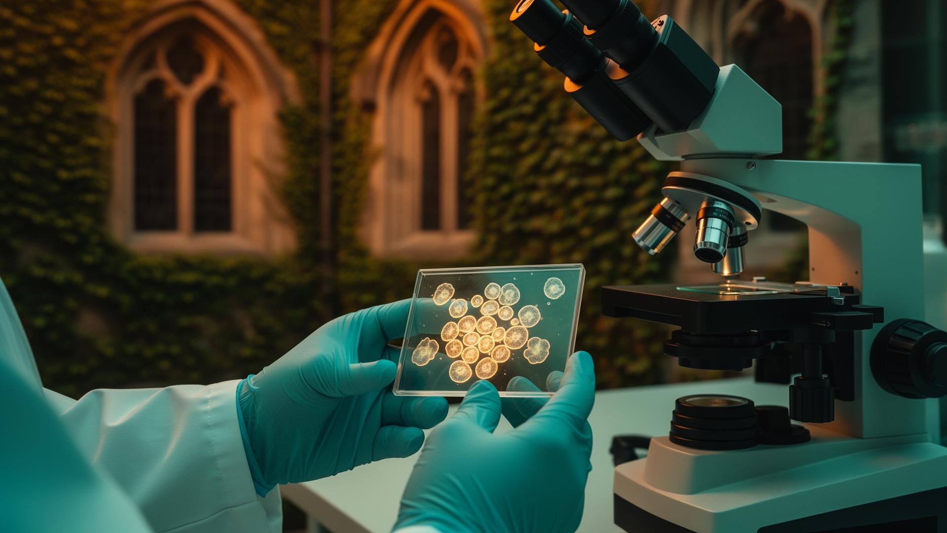 University laboratory with islet cells on a microscope slide